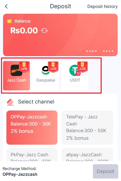 Select the deposit payment methods